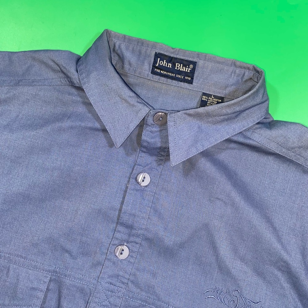 John Blair Mens Button Up Shirt Blue Short Sleeve Size L Pocket‎ Embroidered